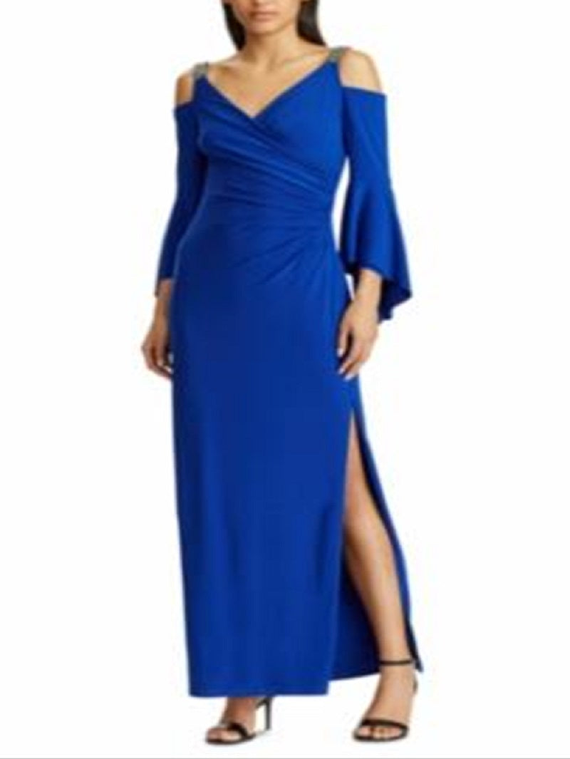 Vestido Ralph Lauren Feminino Azul com Babados e Mangas Vazadas, Tamanho 14