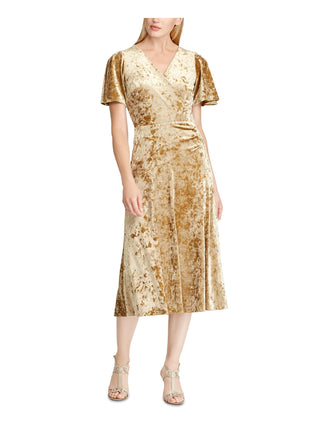 Vestido de festa Ralph Lauren feminino, de veludo, manga curta, decote em V, abaixo do joelho, tamanho 8, amarelo