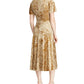 Vestido de festa Ralph Lauren feminino, de veludo, manga curta, decote em V, abaixo do joelho, tamanho 8, amarelo