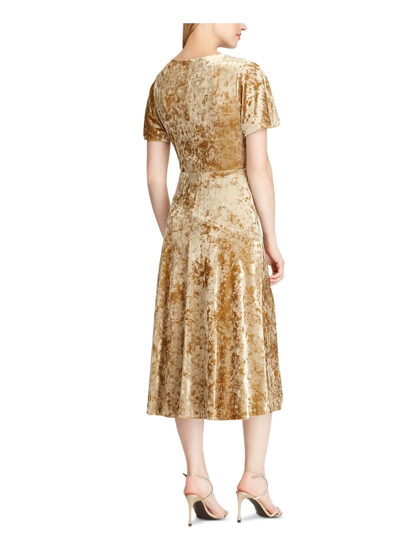 Vestido de festa Ralph Lauren feminino, de veludo, manga curta, decote em V, abaixo do joelho, tamanho 8, amarelo