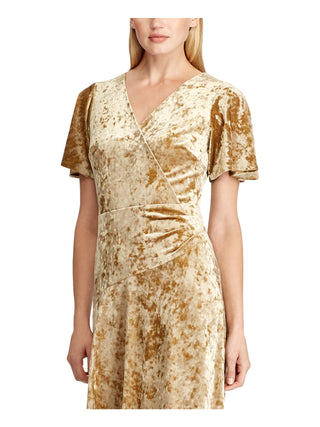 Vestido de festa Ralph Lauren feminino, de veludo, manga curta, decote em V, abaixo do joelho, tamanho 8, amarelo
