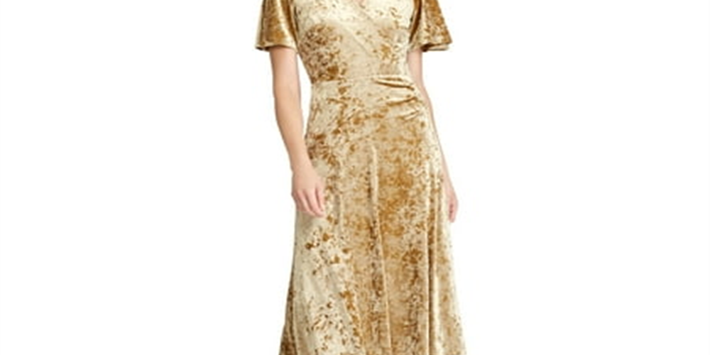 Vestido de festa Ralph Lauren feminino, de veludo, manga curta, decote em V, abaixo do joelho, tamanho 8, amarelo