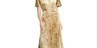 Vestido de festa Ralph Lauren feminino, de veludo, manga curta, decote em V, abaixo do joelho, tamanho 8, amarelo