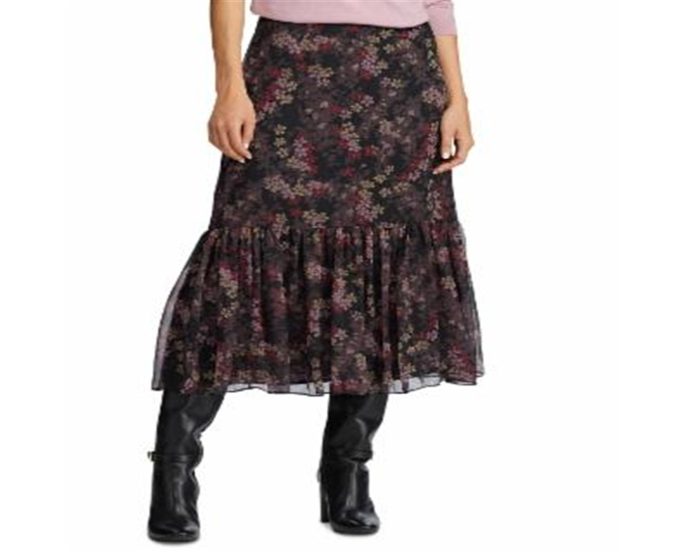 Saia feminina Ralph Lauren com estampa floral e georgette, preta, tamanho 12