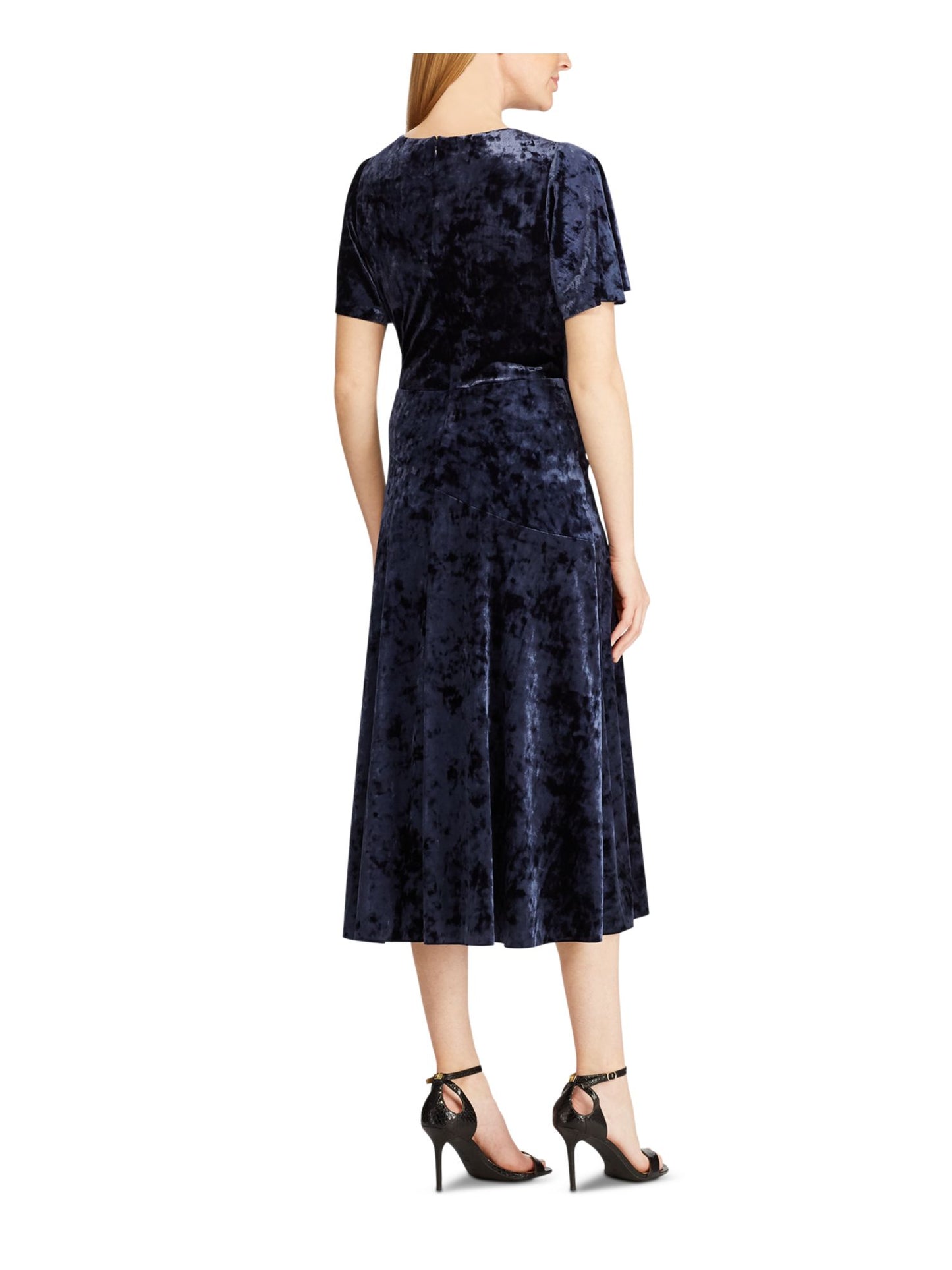 Vestido midi com decote em V e manga curta Ralph Lauren feminino, azul, tamanho 12