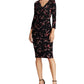 Vestido de festa feminino Ralph Lauren com estampa floral, manga 3/4, decote em V, acima do joelho, preto, tamanho 18