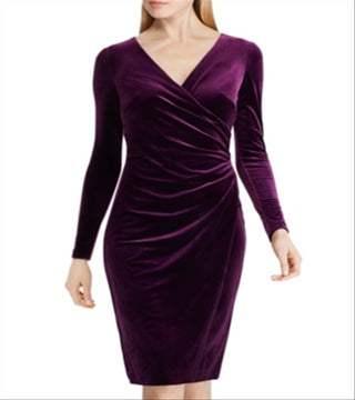 Vestido de veludo cruzado com decote em V Ralph Lauren feminino, roxo, tamanho 12