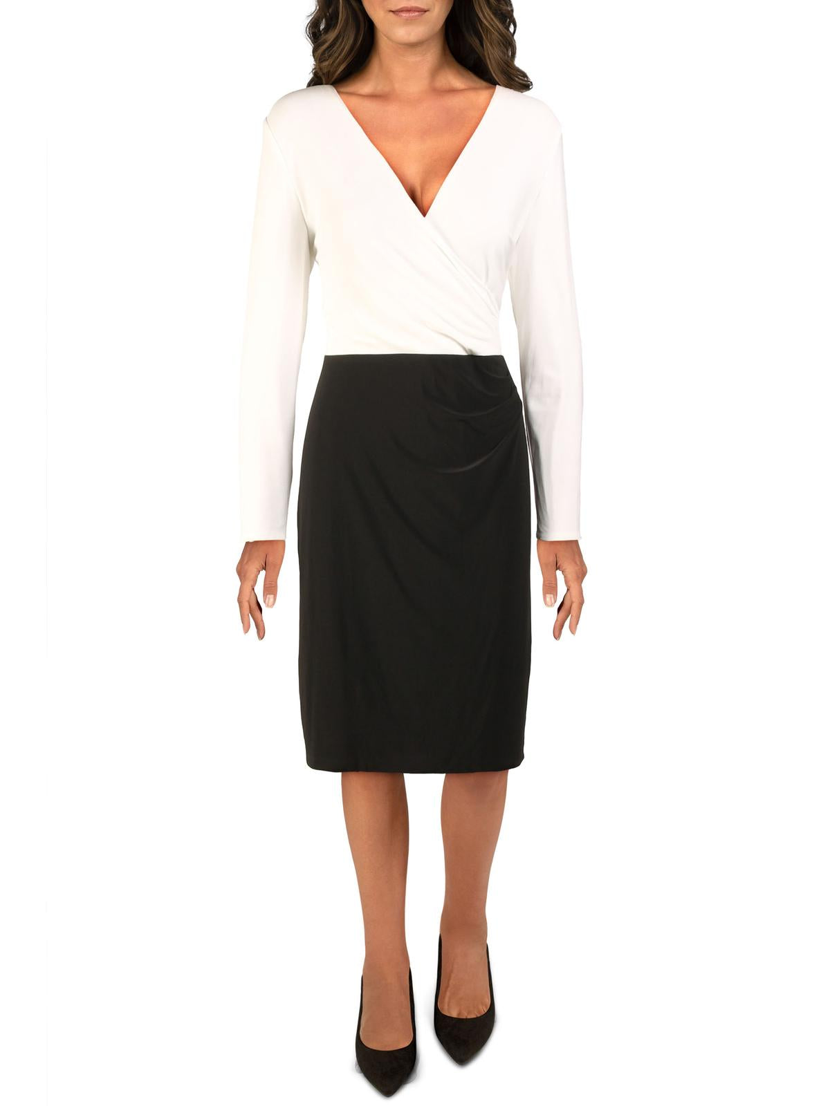 Vestido Ralph Lauren feminino, bicolor, cruzado, com decote em V, preto, tamanho 16