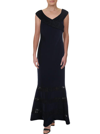 Vestido de festa feminino Ralph Lauren Claudinah com ombros de fora e renda, tamanho 8, azul