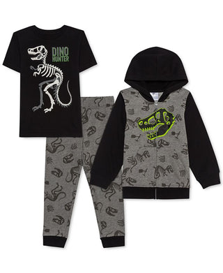 Conjunto de 3 peças de camiseta com capuz e calça de moletom Jem Little Boy's Dino Hunter, cinza, tamanho 5