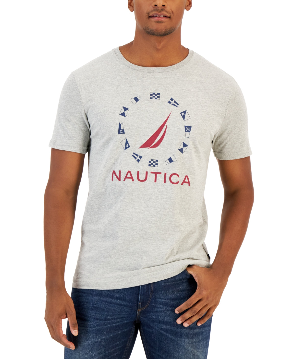 Camiseta masculina Nautica com estampa de logotipo clássico e bandeira da Classe J, cinza, tamanho X-G