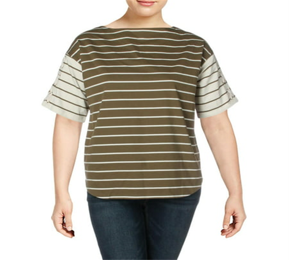 Blusa feminina de algodão Kalenka com cadarço Lauren Ralph Lauren Plus, verde, tamanho 1X