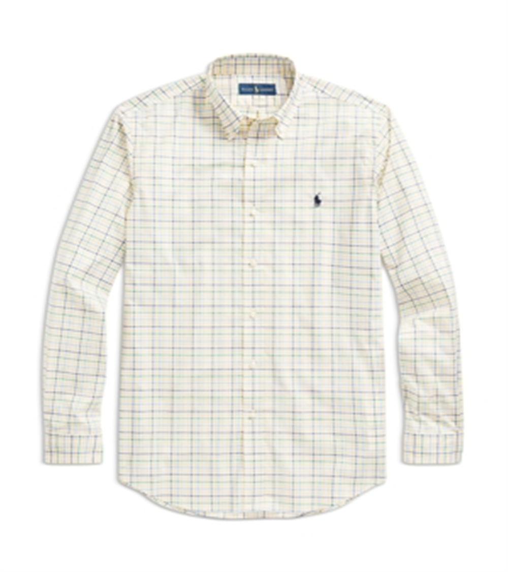 Camisa Polo Ralph Lauren Masculina de Algodão Elástico Popeline Xadrez Classic Fit com Botões Amarelo Tamanho P