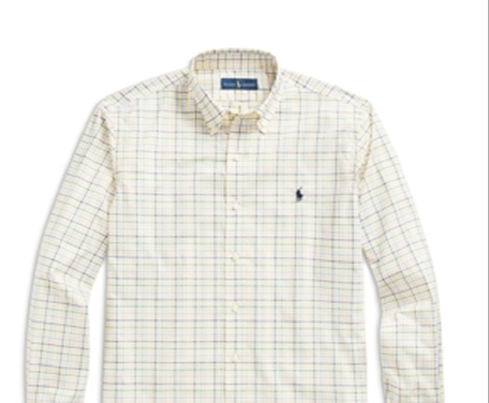 Camisa Polo Ralph Lauren Masculina de Algodão Elástico Popeline Xadrez Classic Fit com Botões Amarelo Tamanho P