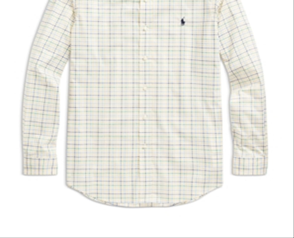 Camisa Polo Ralph Lauren Masculina de Algodão Elástico Popeline Xadrez Classic Fit com Botões Amarelo Tamanho P