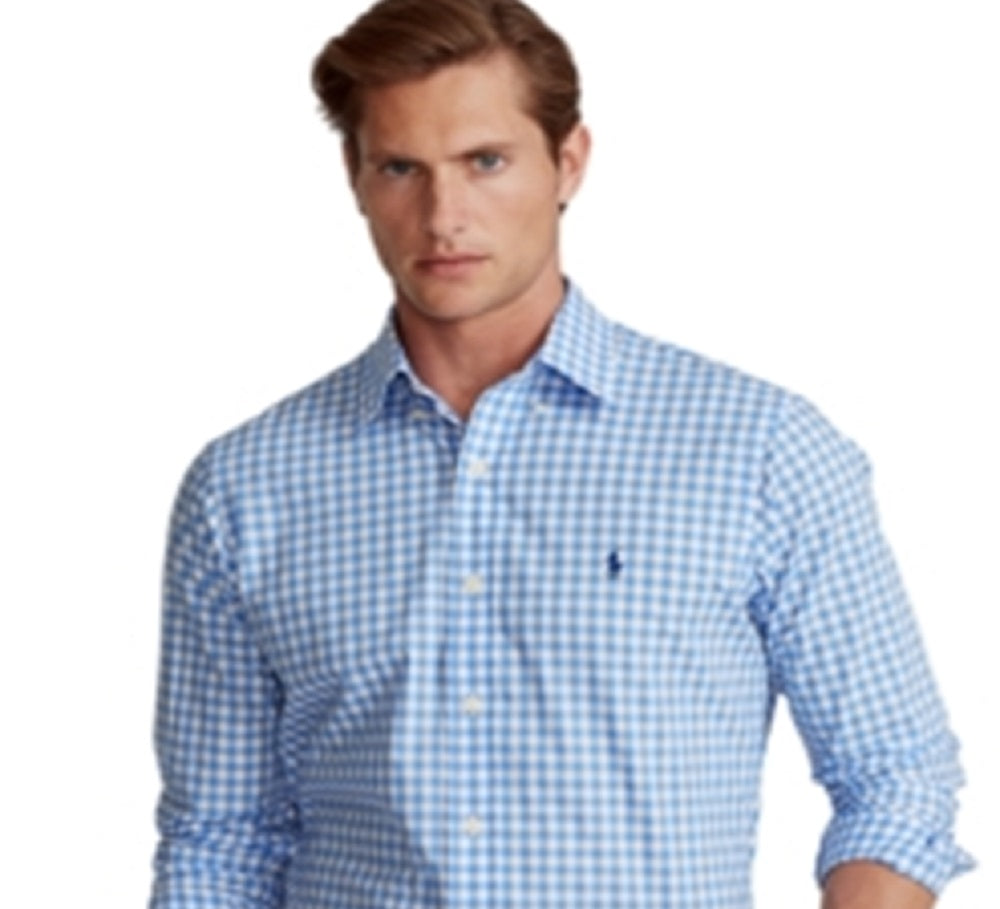 Camisa Polo Ralph Lauren Masculina Classic Fit Gingham Popeline Azul Tamanho Médio