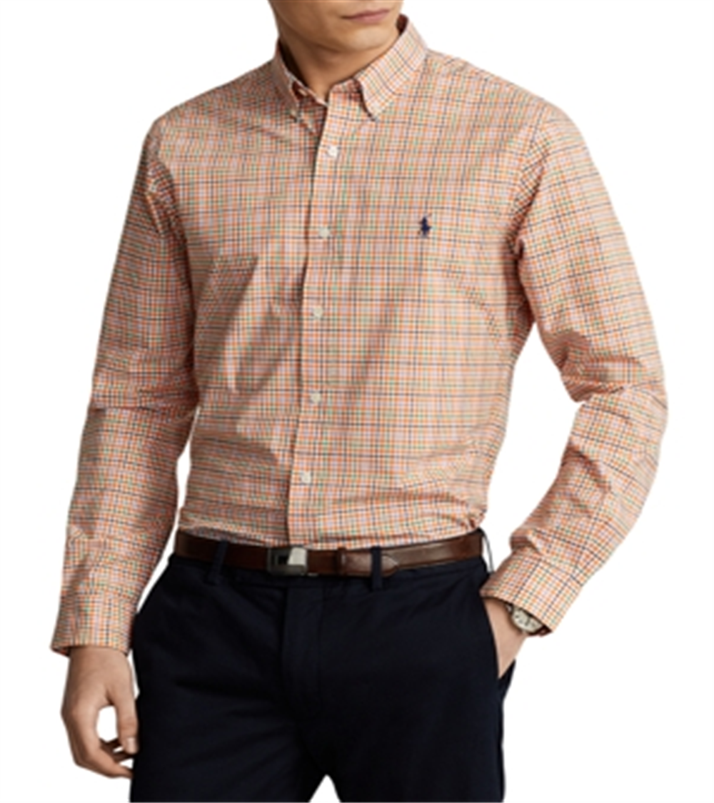 Camisa Polo Ralph Lauren Masculina Slim Fit Xadrez Stretch Popeline Tamanhos Variados Extra Grande