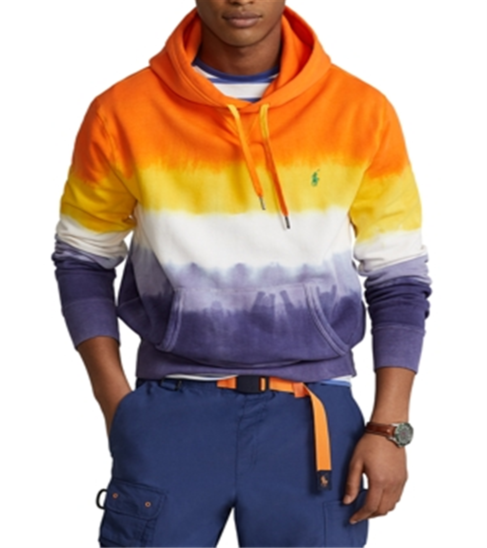 Polo Ralph Lauren Masculino Moletom com Capuz de Algodão Misto Fleece Tie Dye Listrado Regular Fit Laranja Tamanho Grande