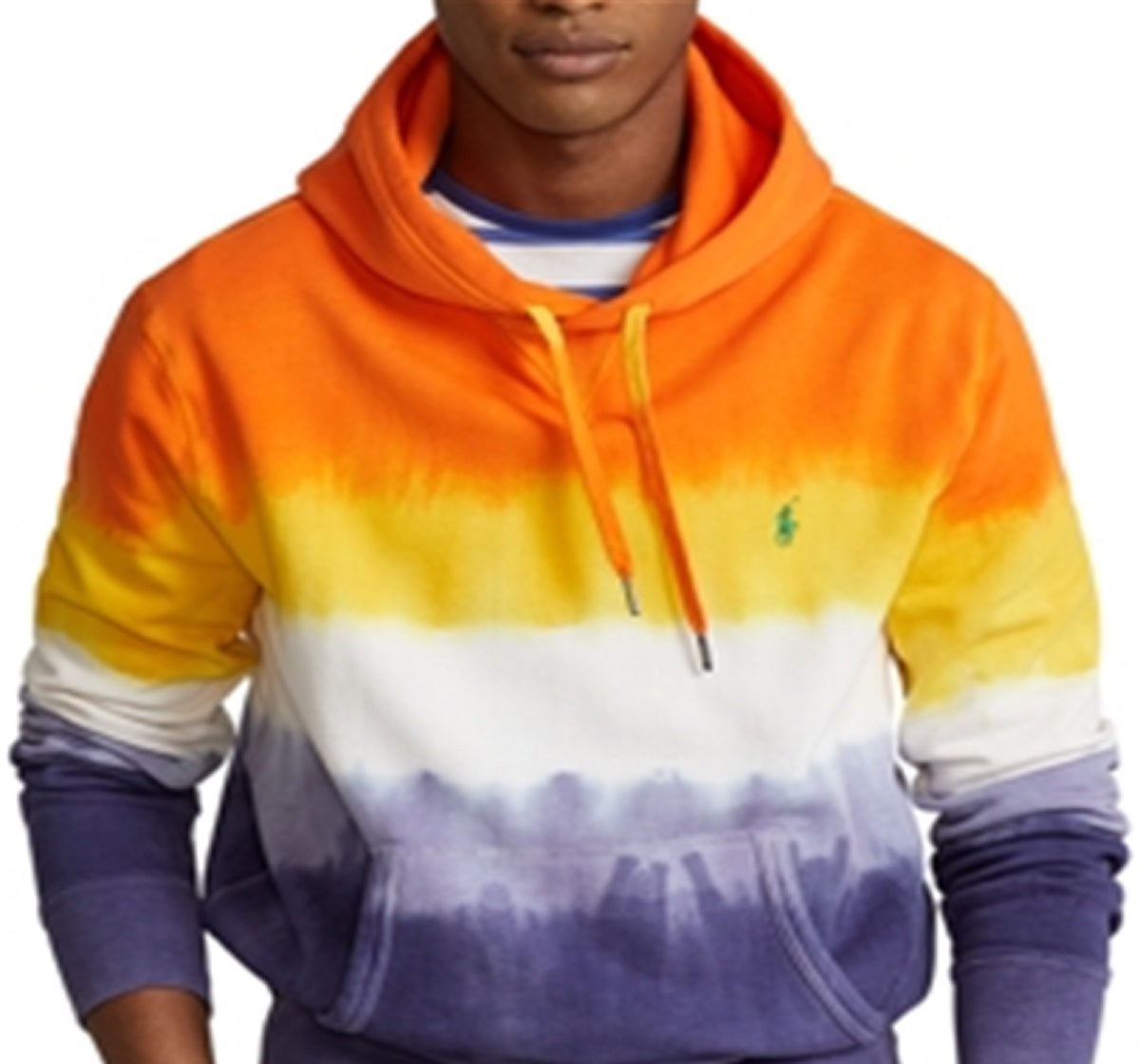 Polo Ralph Lauren Masculino Moletom com Capuz de Algodão Misto Fleece Tie Dye Listrado Regular Fit Laranja Tamanho Grande