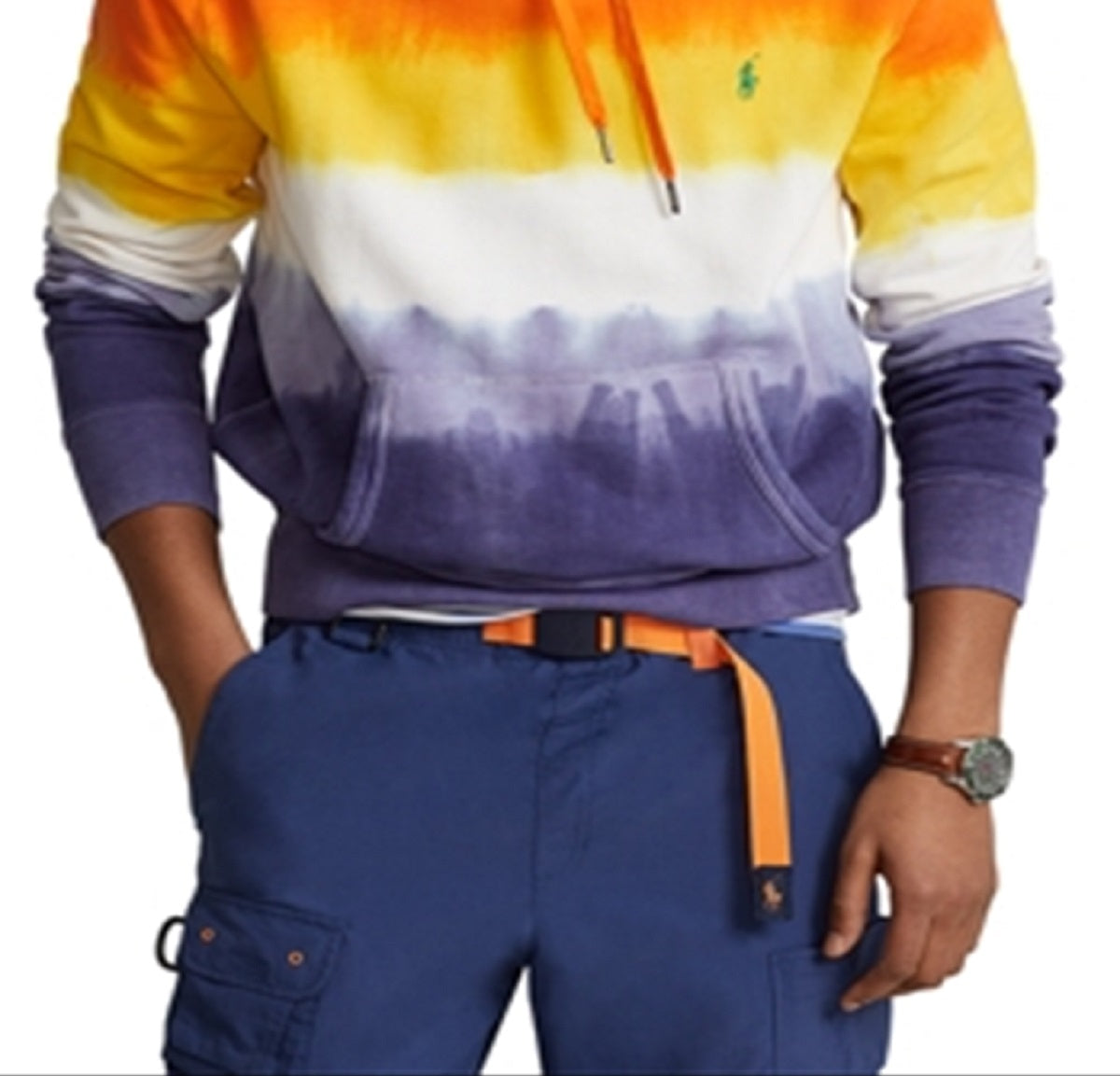 Polo Ralph Lauren Masculino Moletom com Capuz de Algodão Misto Fleece Tie Dye Listrado Regular Fit Laranja Tamanho Grande
