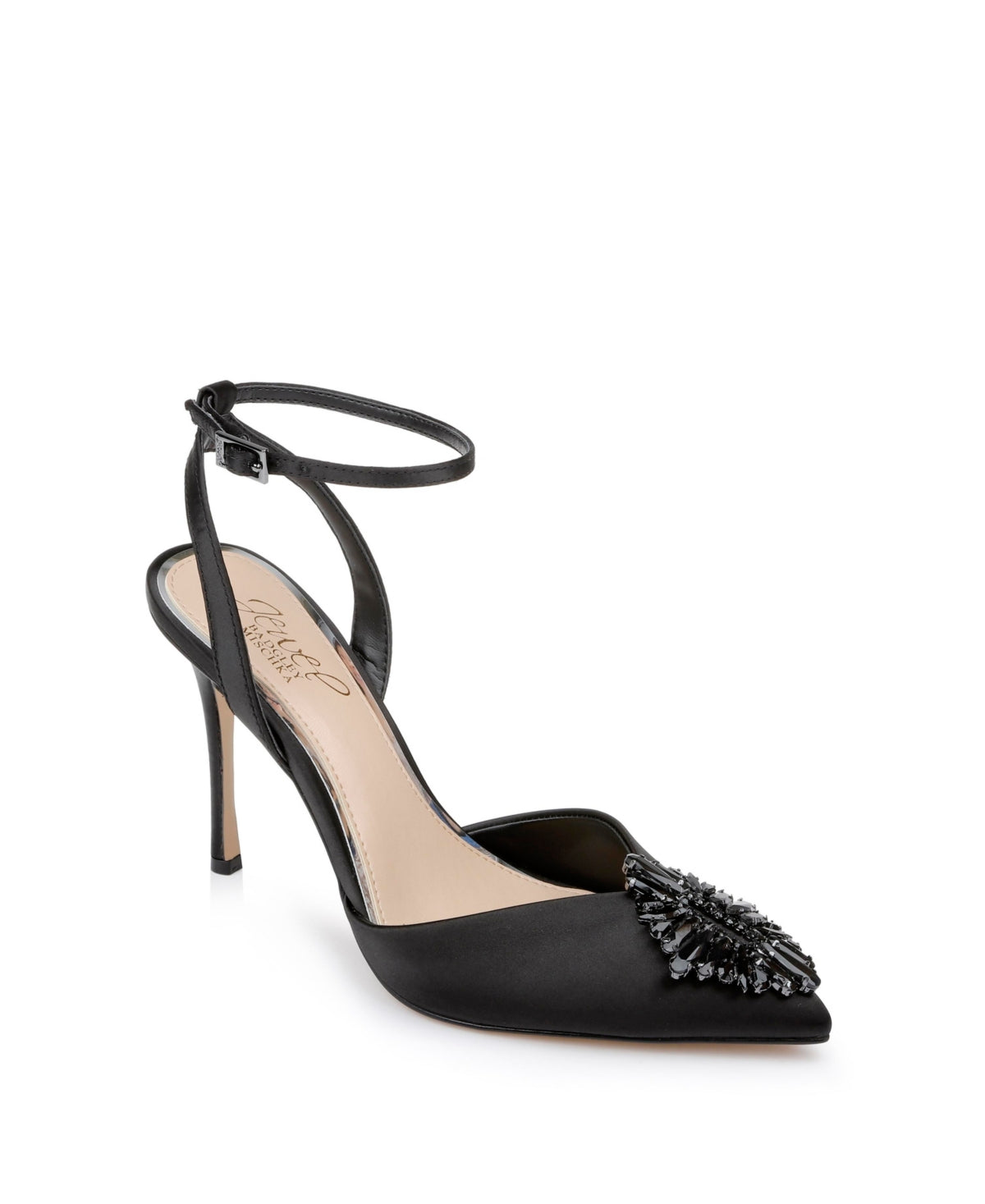 Bomba feminina Jewel Badgley Mischka Gaby com tira no tornozelo e cristais, preta, tamanho 8 M
