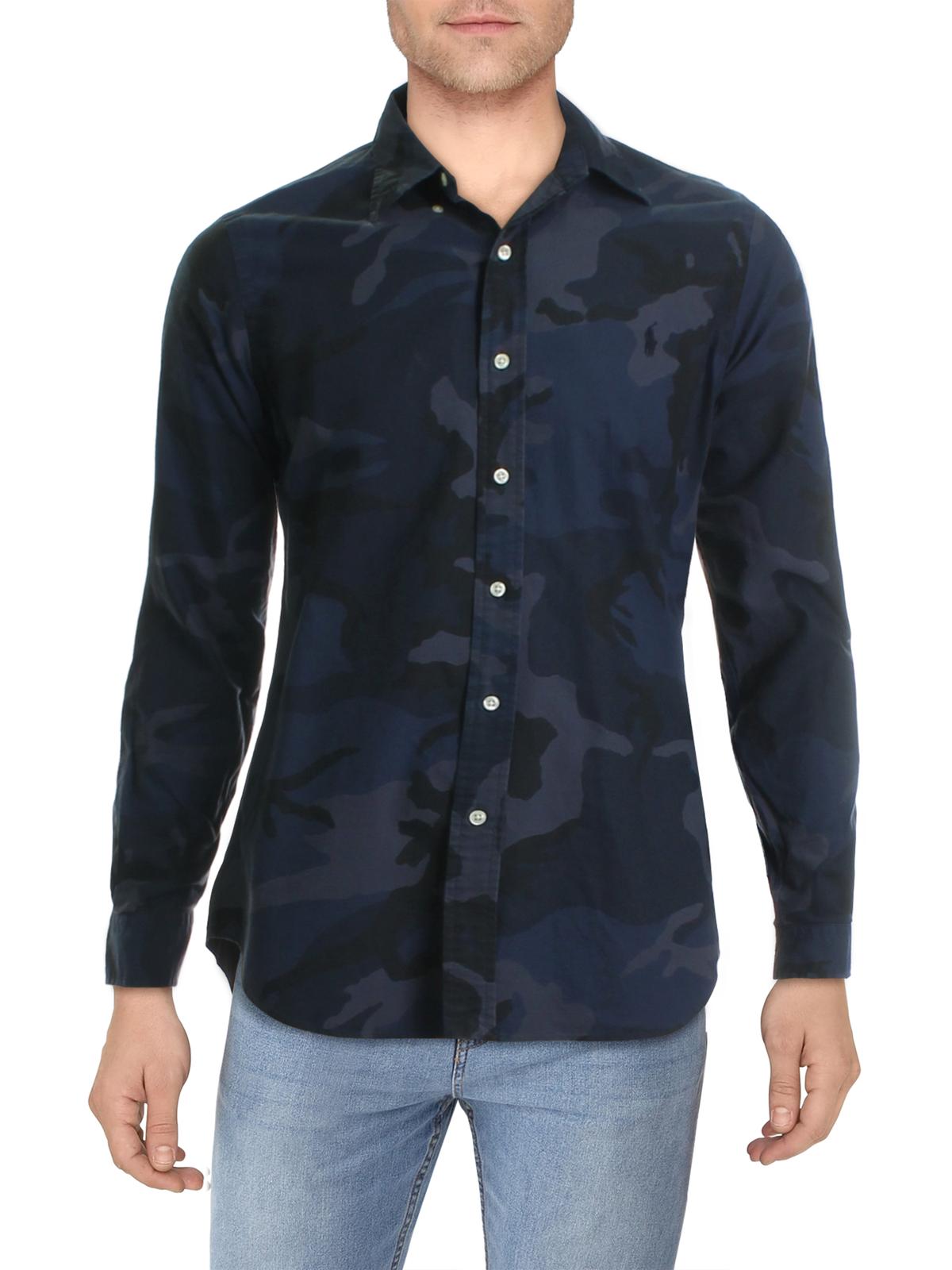 Camisa casual camuflada masculina Ralph Lauren com botões, azul, tamanho grande