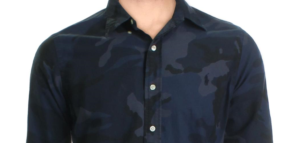 Camisa casual camuflada masculina Ralph Lauren com botões, azul, tamanho grande