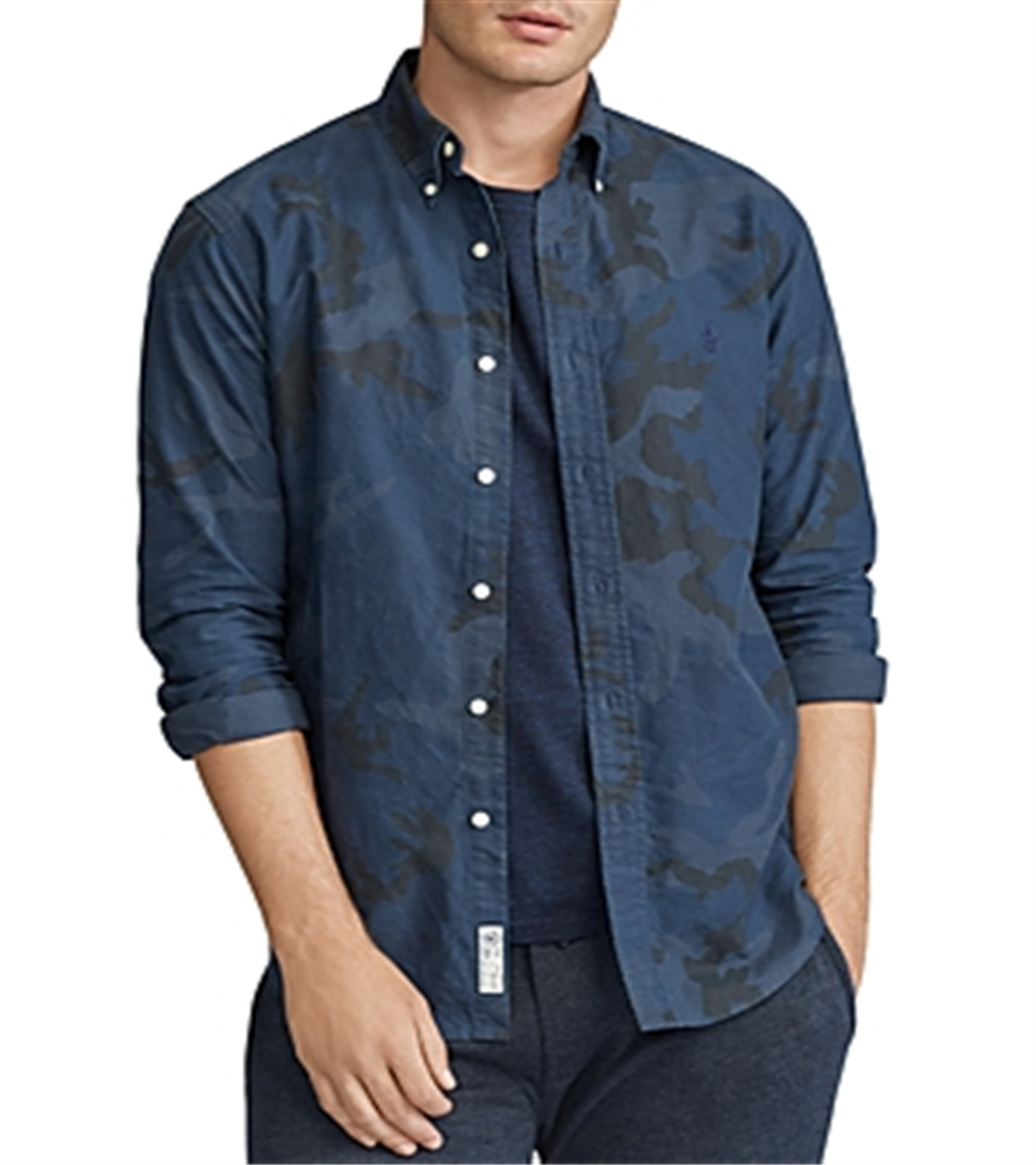 Camisa casual camuflada masculina Ralph Lauren com botões, azul, tamanho grande