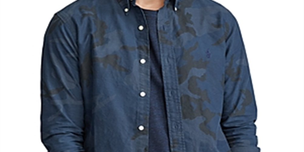 Camisa casual camuflada masculina Ralph Lauren com botões, azul, tamanho grande