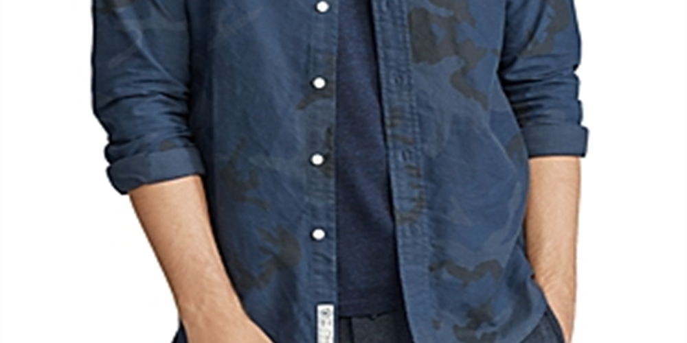 Camisa casual camuflada masculina Ralph Lauren com botões, azul, tamanho grande