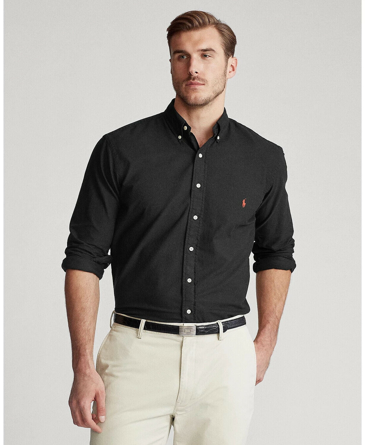 Camisa Oxford Polo Ralph Lauren Masculina Grande e Alta, Corte Clássico, Tingida à Mão, Manga Longa, Preta, Tamanho Grande