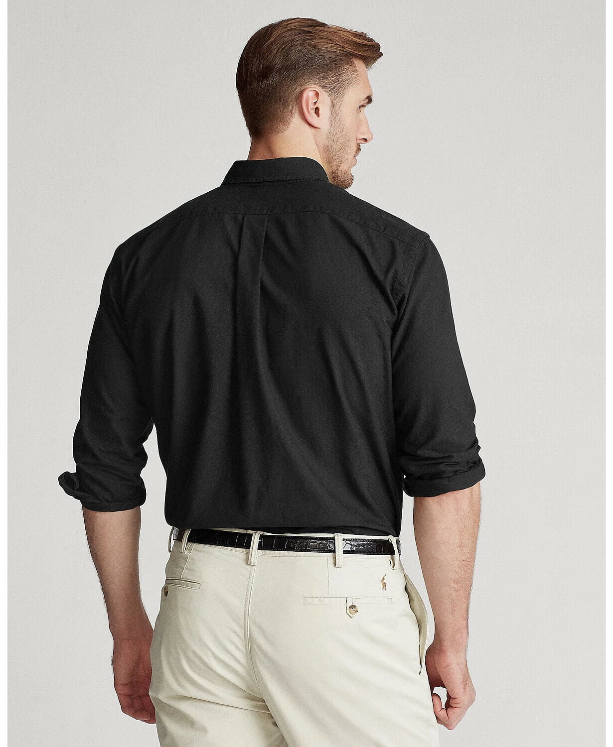 Camisa Oxford Polo Ralph Lauren Masculina Grande e Alta, Corte Clássico, Tingida à Mão, Manga Longa, Preta, Tamanho Grande