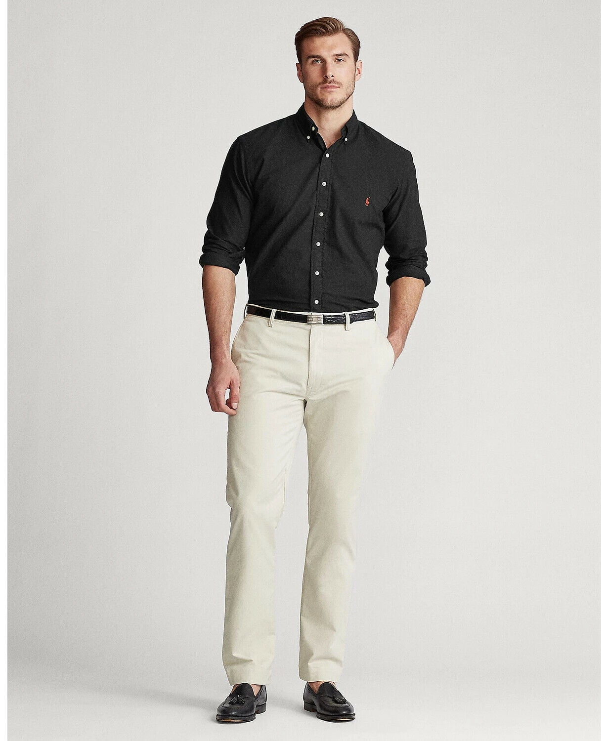 Camisa Oxford Polo Ralph Lauren Masculina Grande e Alta, Corte Clássico, Tingida à Mão, Manga Longa, Preta, Tamanho Grande