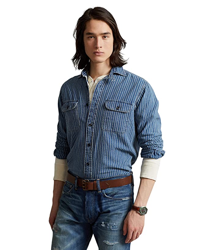 Camisa de trabalho listrada índigo clássica masculina Polo Ralph Lauren, tamanho médio, azul