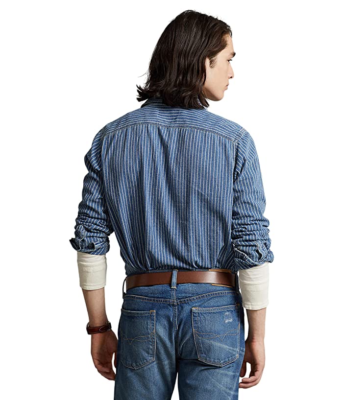 Camisa de trabalho listrada índigo clássica masculina Polo Ralph Lauren, tamanho médio, azul