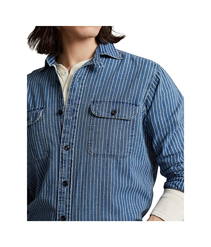 Camisa de trabalho listrada índigo clássica masculina Polo Ralph Lauren, tamanho médio, azul