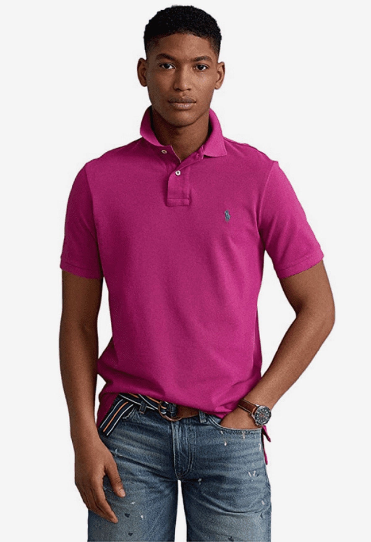 Camisa polo masculina Polo Ralph Lauren Classic Fit Mesh, rosa, tamanho grande