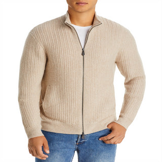 Suéter texturizado de lã e caxemira da The Men's Store at Bloomingdale's, gola alta, com zíper, bege, tamanho P
