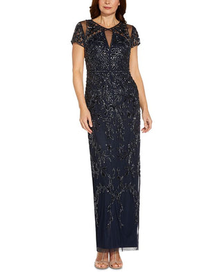 Adrianna Papell Women's Short Sleeve Sequined Gown Blue Size 8