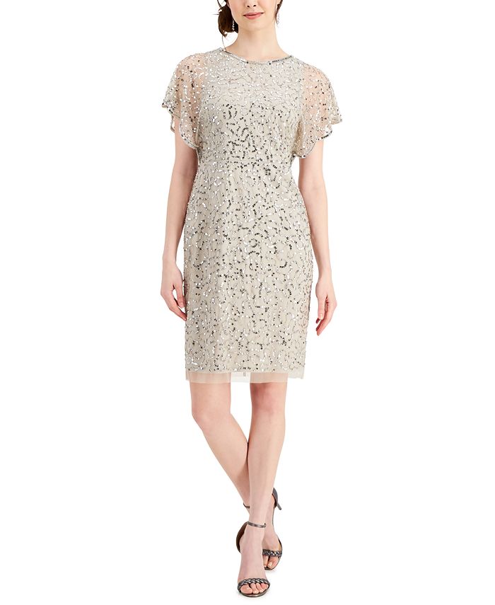 Vestido justo feminino com mangas esvoaçantes da Papell Studio, cinza, tamanho 10