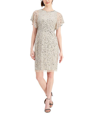 Vestido justo feminino com mangas esvoaçantes da Papell Studio, cinza, tamanho 10