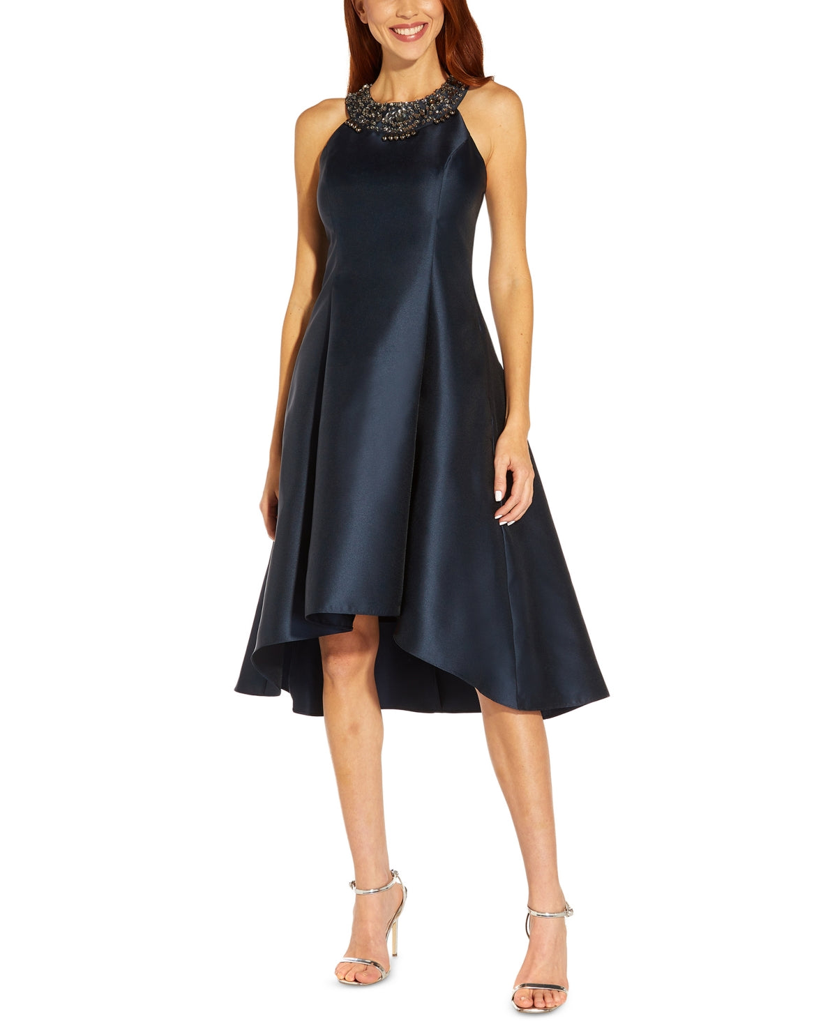 Vestido feminino Adrianna Papell com strass, comprimento alto e baixo, azul, tamanho 16