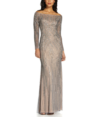 Adrianna Papell Women's Sequin Off The Shoulder Gown Gray Size 14