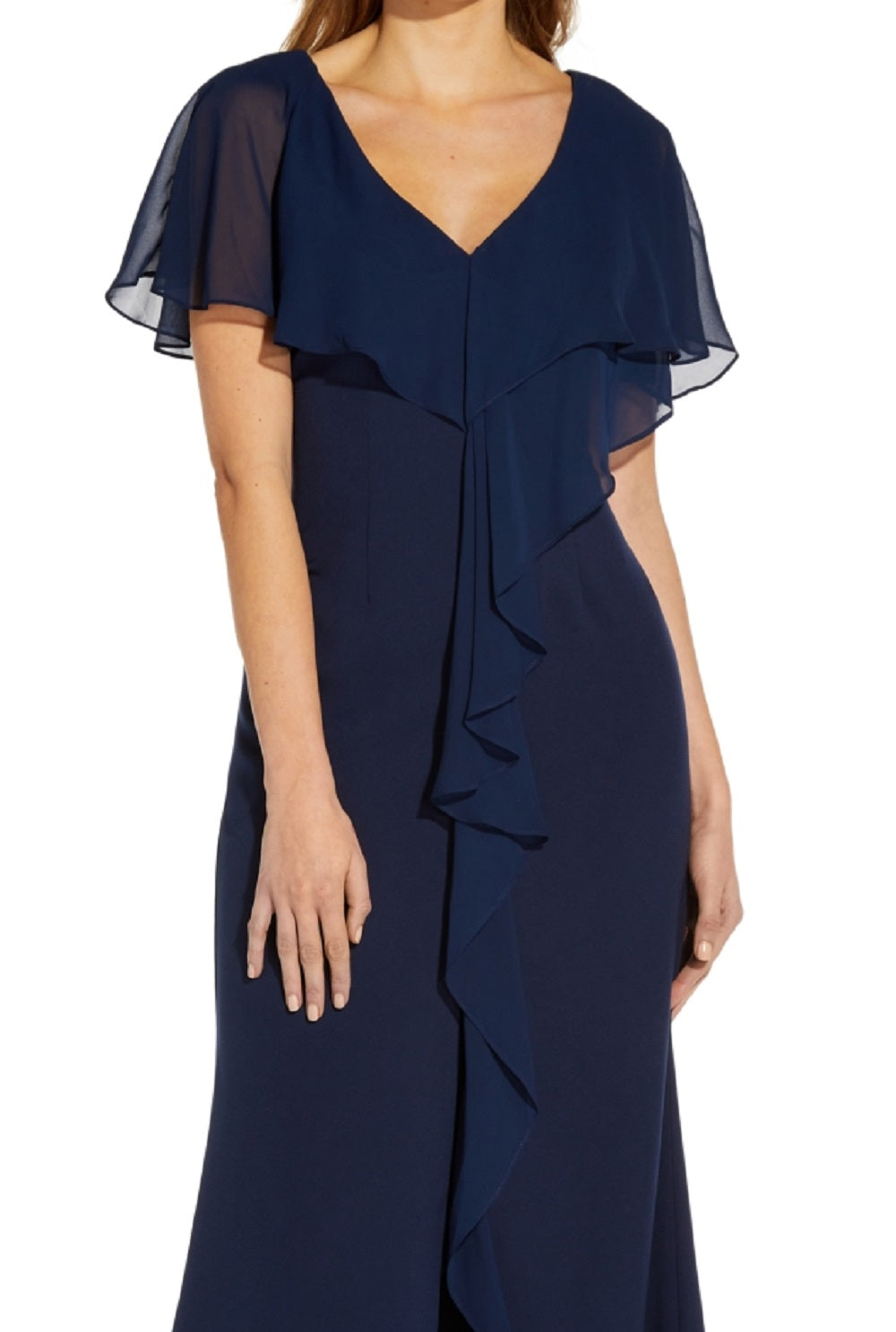 Vestido sereia de crepe com sobreposição de chiffon feminino Adrianna Papell, azul, tamanho 2