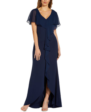 Adrianna Papell Women's Chiffon Overlay Crepe Mermaid Gown Blue Size 2