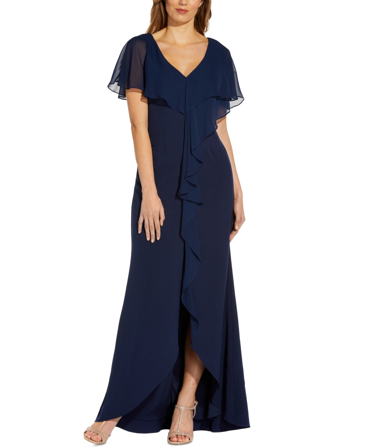 Vestido sereia de crepe com sobreposição de chiffon feminino Adrianna Papell, azul, tamanho 4