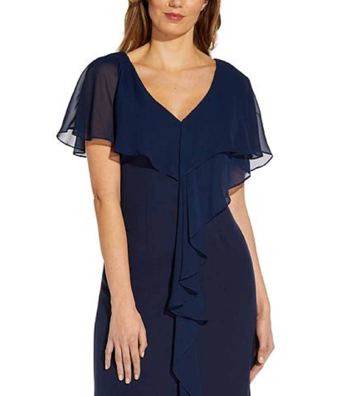 Vestido sereia de crepe com sobreposição de chiffon feminino Adrianna Papell, azul, tamanho 6