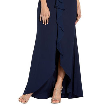 Vestido sereia de crepe com sobreposição de chiffon feminino Adrianna Papell, azul, tamanho 6