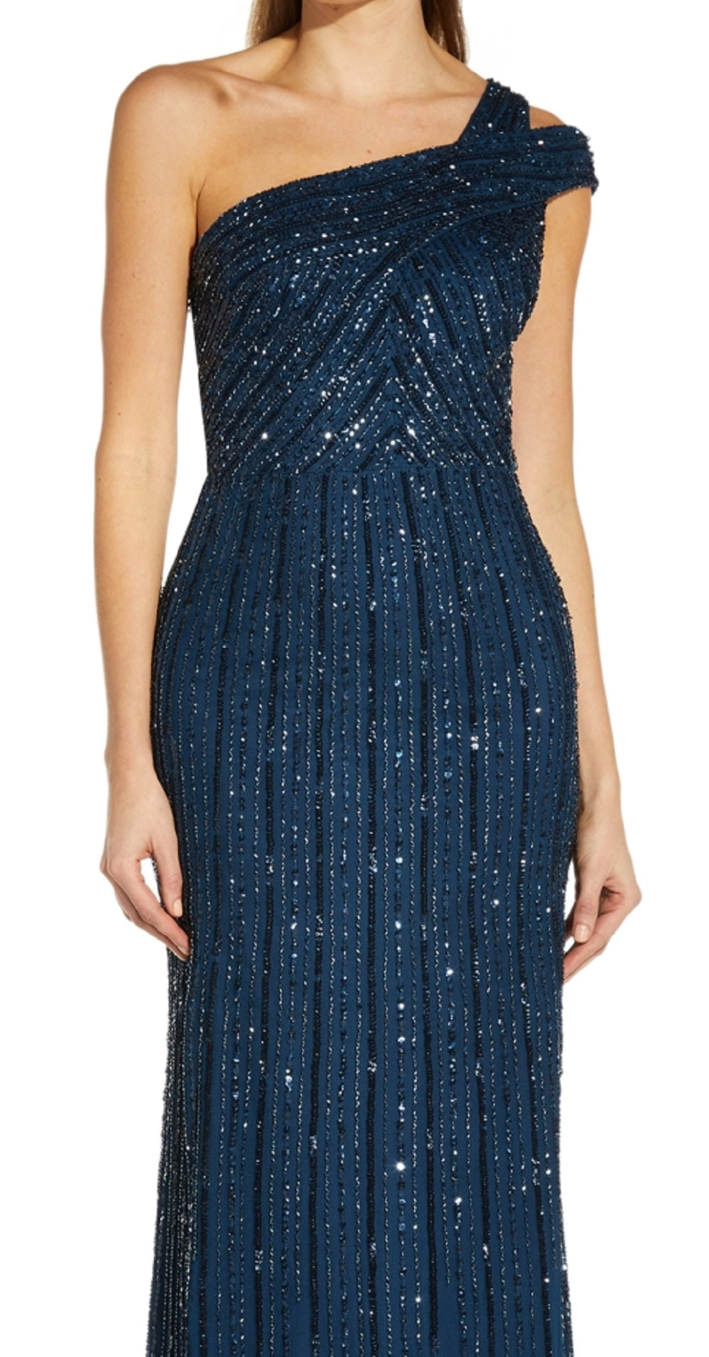 Vestido feminino Adrianna Papell com um ombro só e detalhes em azul, tamanho 2
