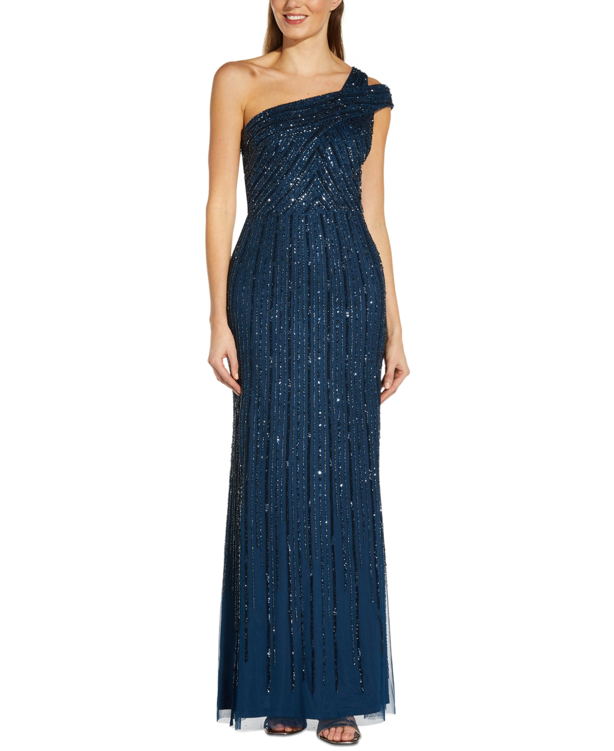 Vestido feminino Adrianna Papell com um ombro só e detalhes em azul, tamanho 2